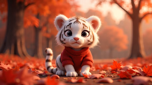 Cute Tiger Cub in Autumn