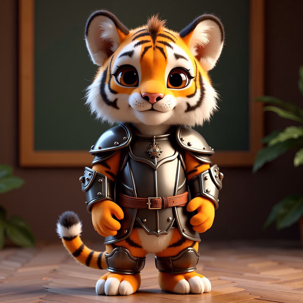 A cute tiger cub in knight armor, perfect for children’s art.