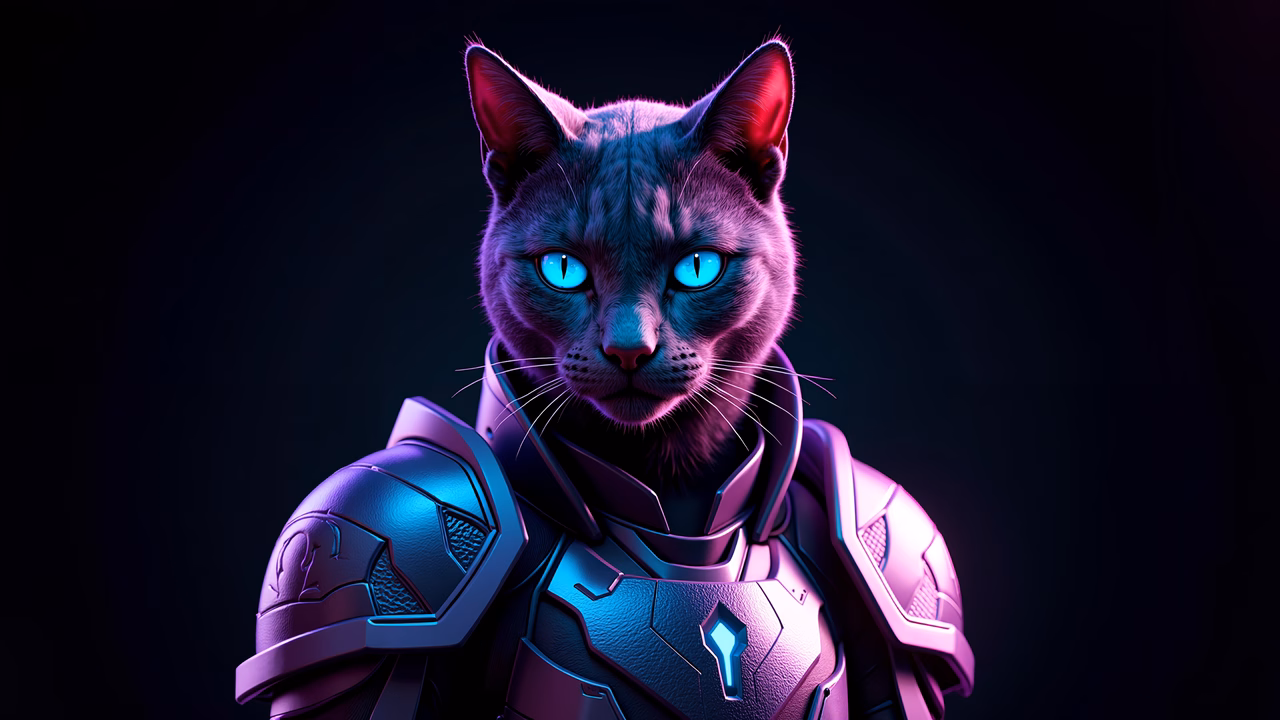 Futuristic armored cat with neon glow in a cyberpunk setting.