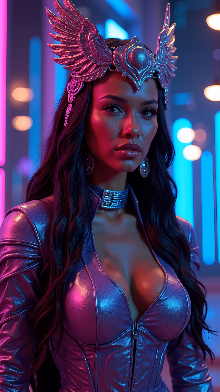 A cyberpunk goddess with metallic wings and neon-lit city backdrop.