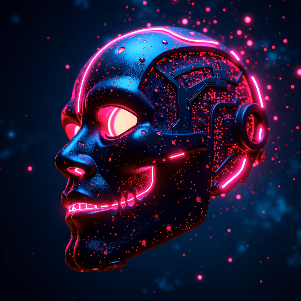 Cyberpunk neon mask with intricate circuitry and glowing lights.