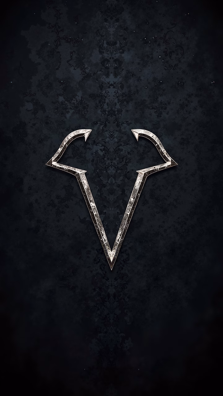 Dark, metallic symbol on a textured background, evoking mystery and authority.