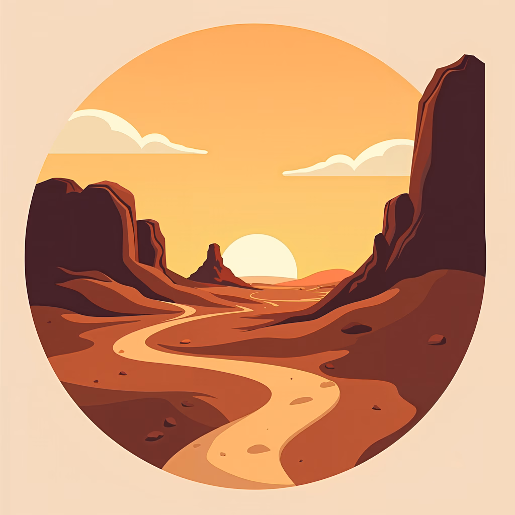 A tranquil desert sunset scene with a winding river and rugged terrain, captured in a modern illustration style.