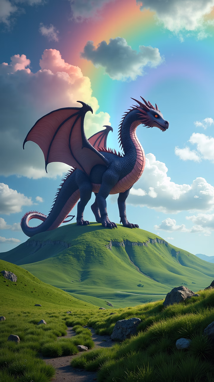 A dragon with red wings on a green hill under a rainbow sky.