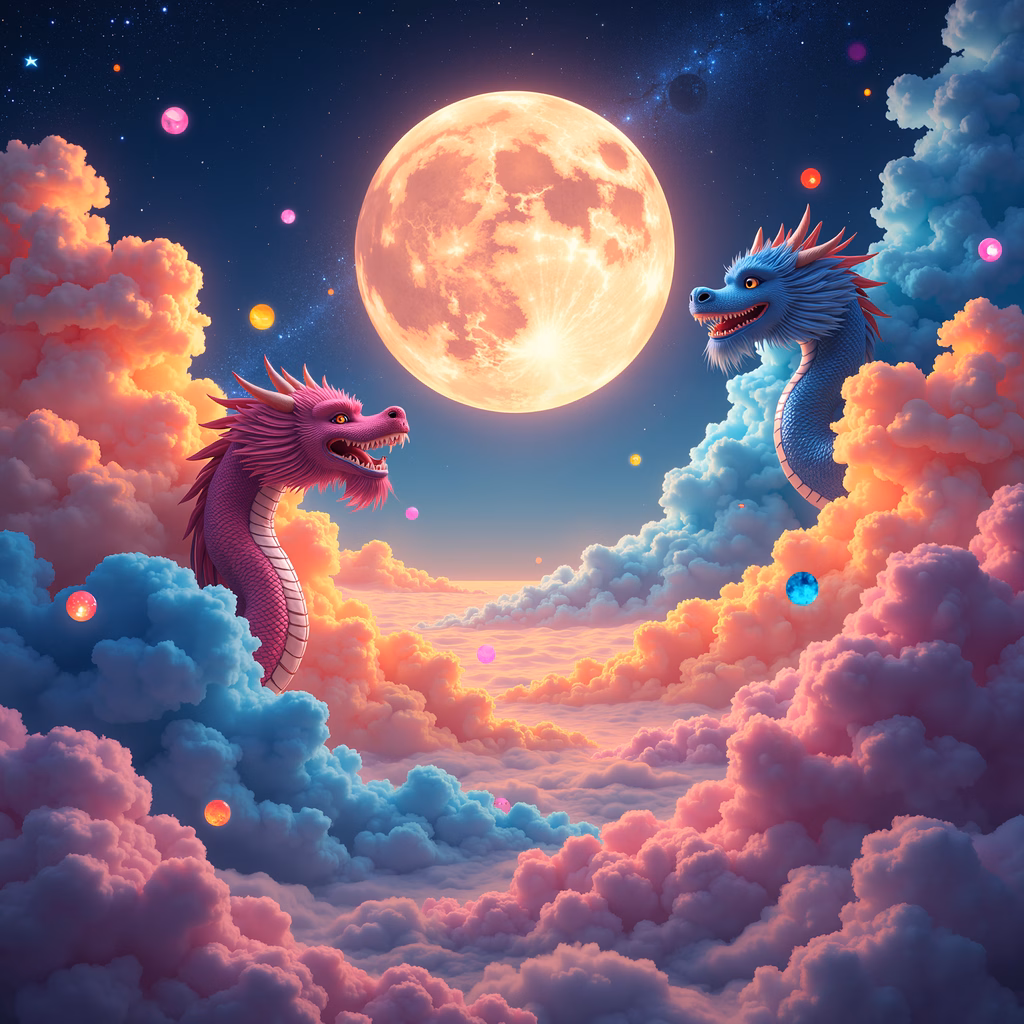 Dragons in a fantastical sky with a glowing moon and colorful orbs.
