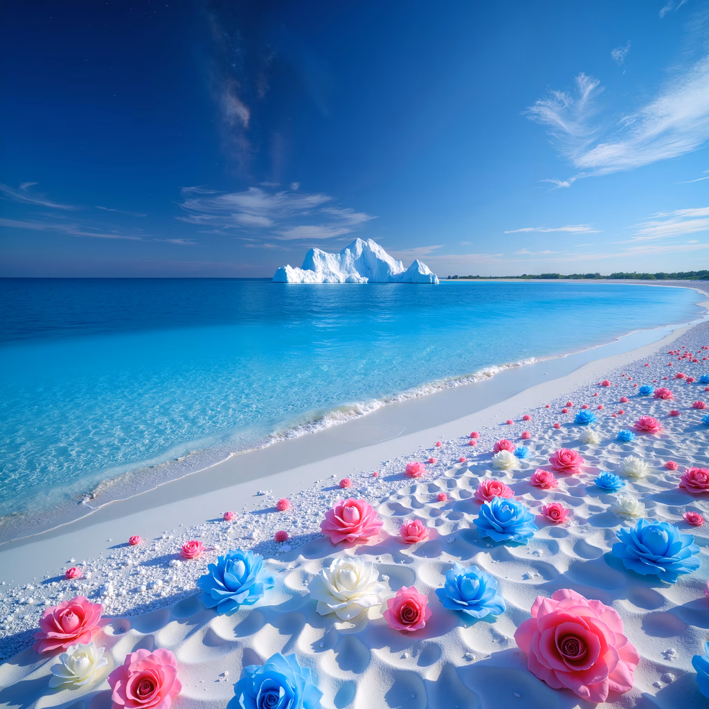 A tranquil beach scene with a large iceberg and colorful flowers on the sand.