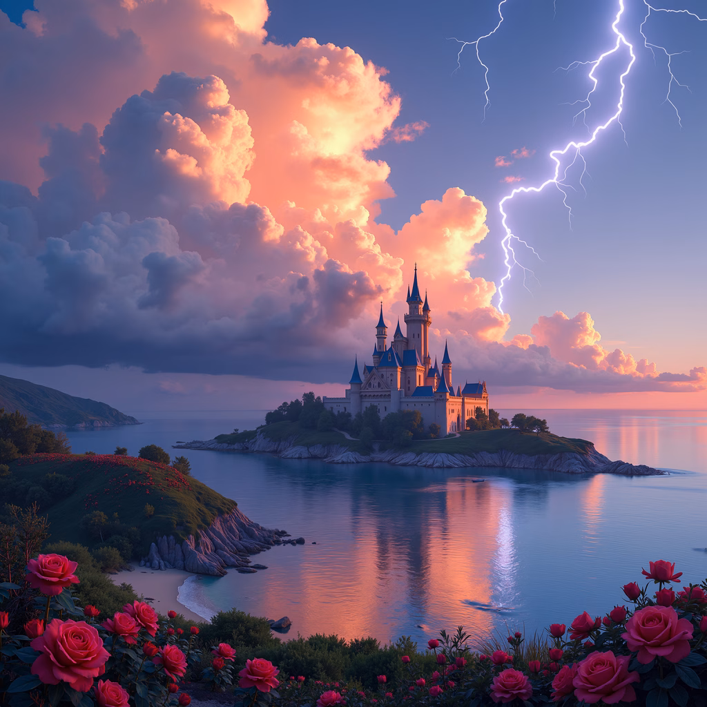A magical castle amidst a tranquil sunset, enhanced by dramatic lightning.