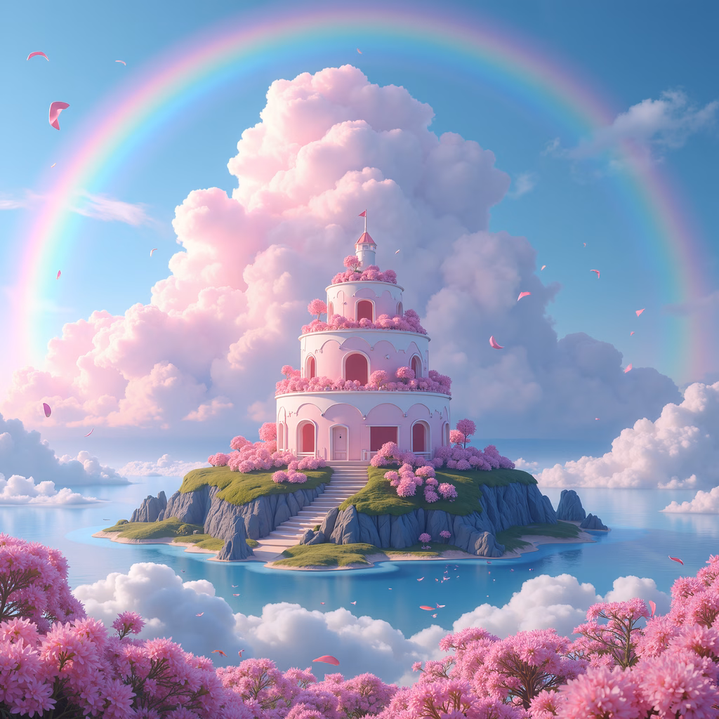 A dreamy pink castle on a floral island under a rainbow sky.