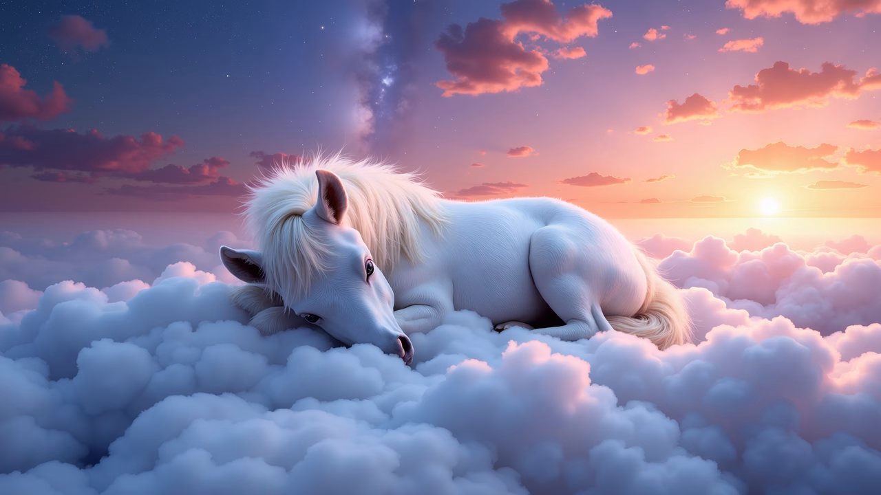 A peaceful white unicorn resting on clouds against a beautiful twilight sky.