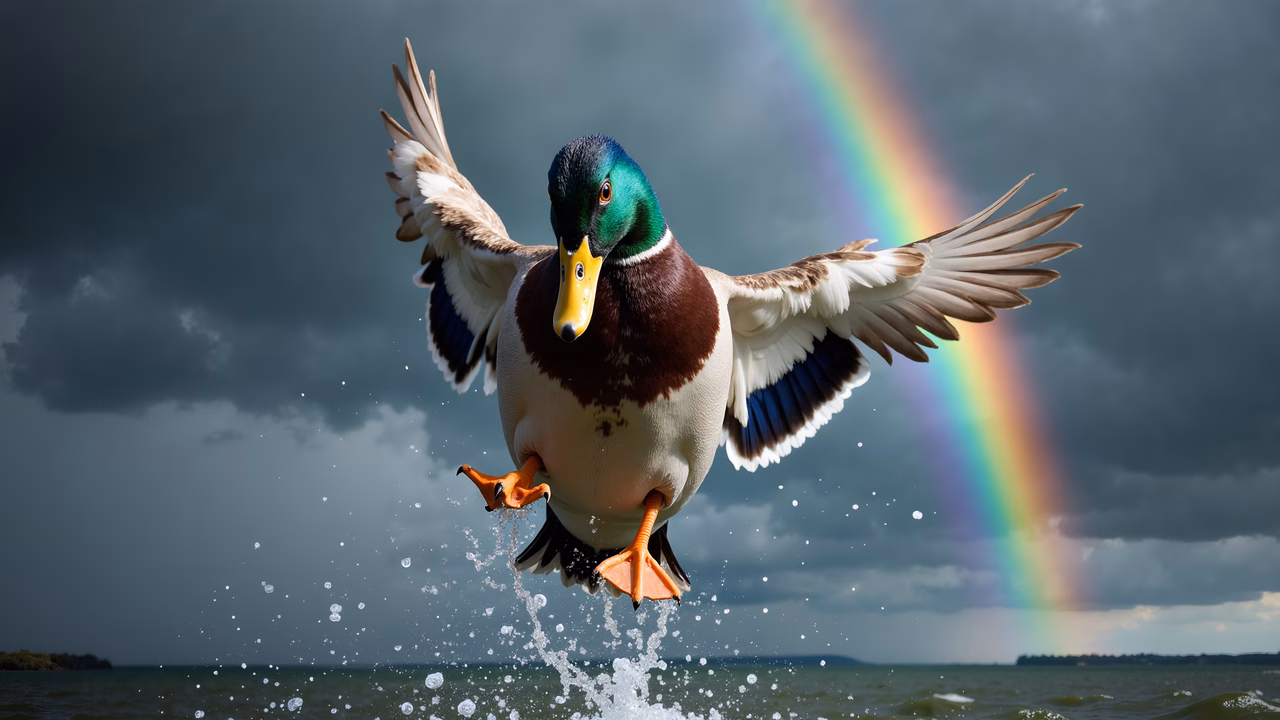 Dynamic mallard duck leaping against stormy sky and rainbow backdrop.