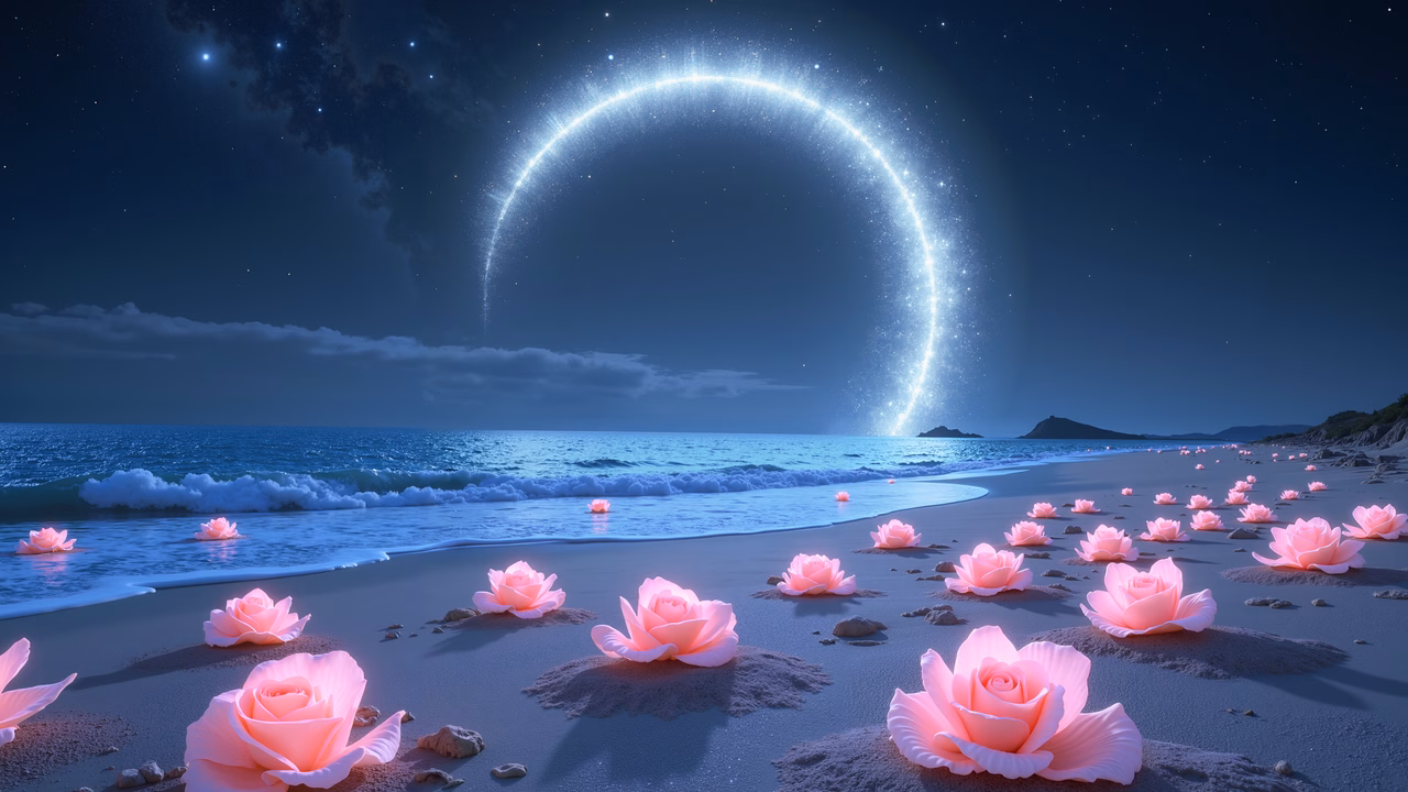 A mystical beach scene with pink roses and a lunar eclipse, evoking a sense of wonder and tranquility.