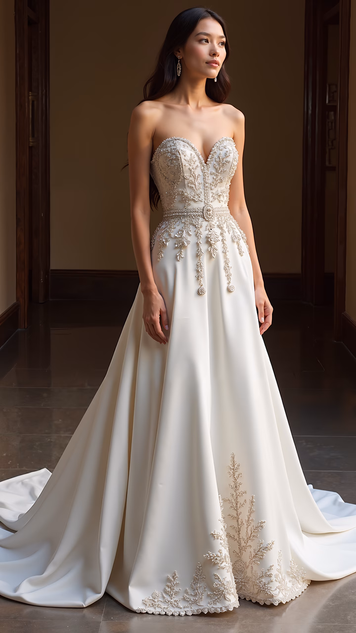 Elegant bridal gown with intricate beadwork and lace details.