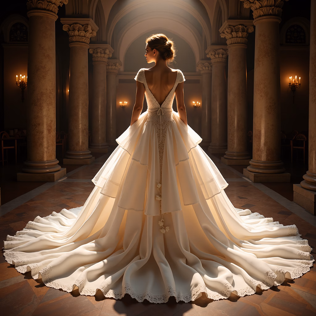 Elegant bridal gown with intricate lace and floral details, set against classical architecture with warm candlelight.