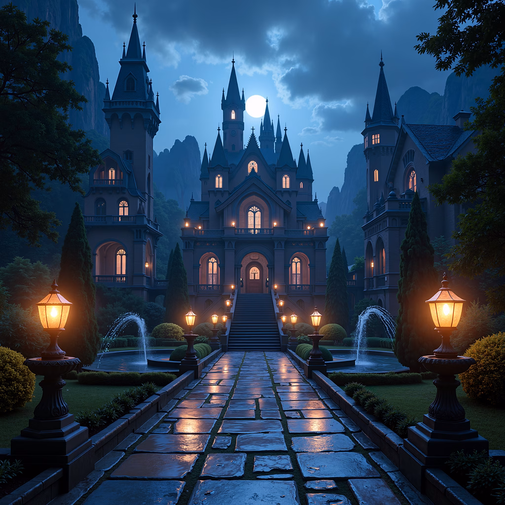 A majestic castle illuminated by lanterns under a full moon, surrounded by lush gardens and towering mountains.