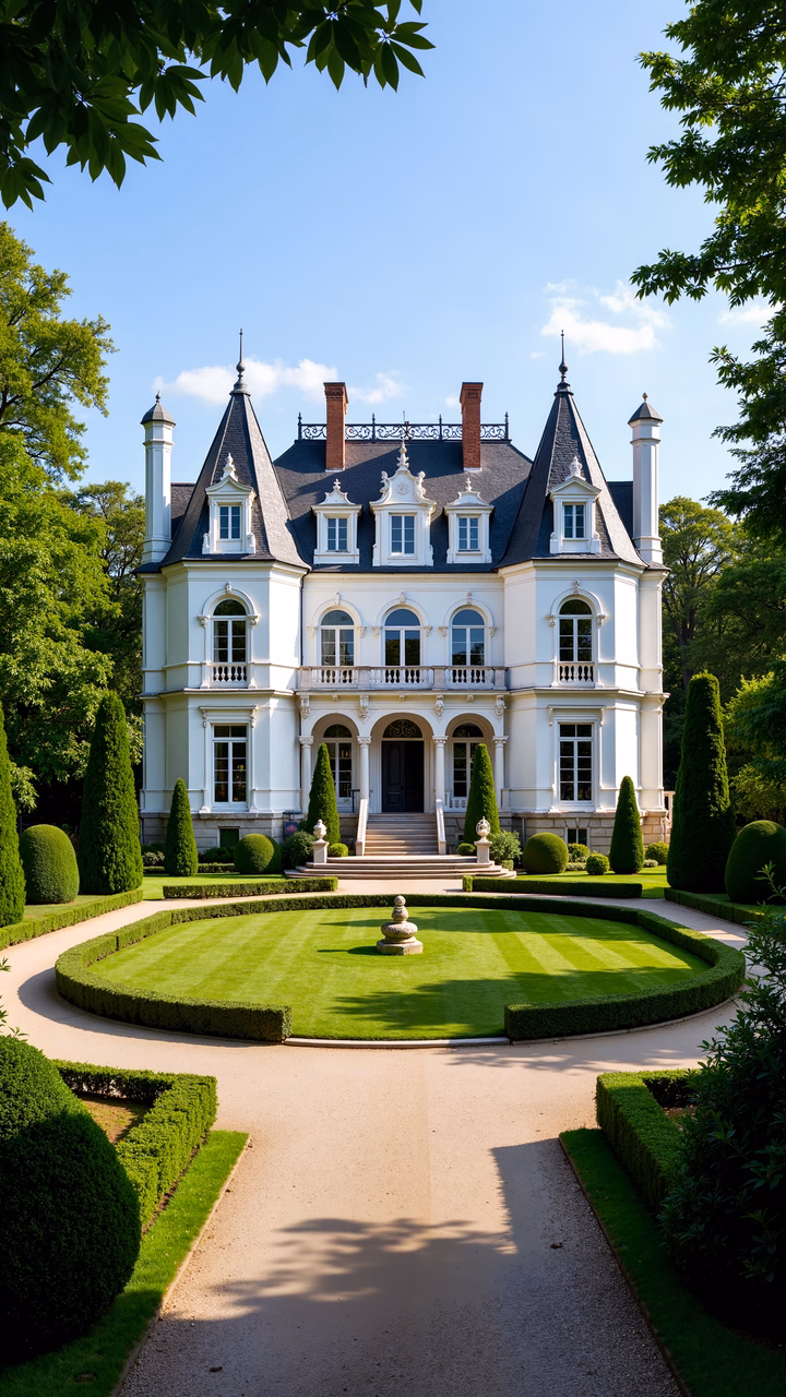Grand white mansion with detailed architecture and formal garden setting.