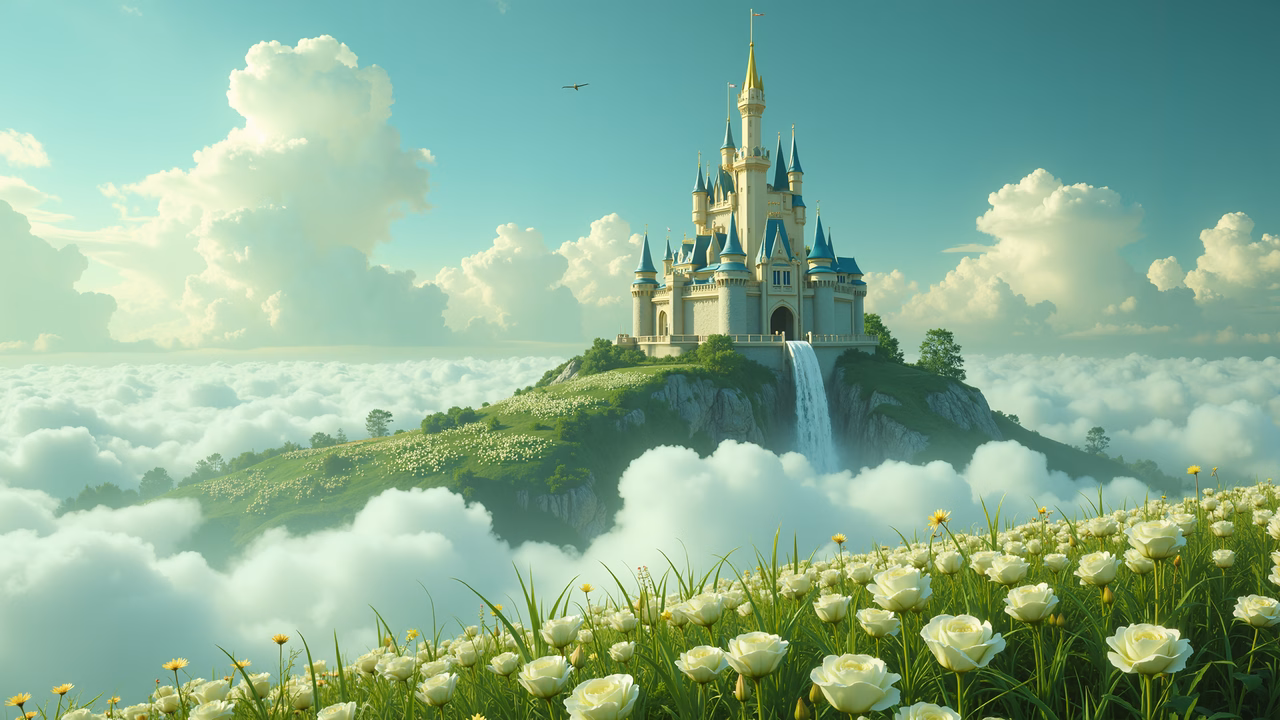 A fairy tale castle amidst a sea of clouds and blooming roses.