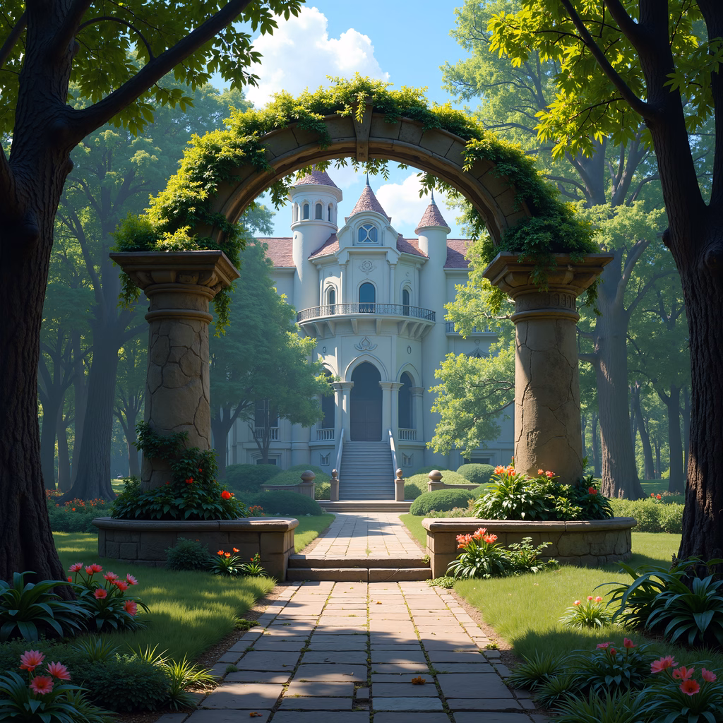 A picturesque archway leading to a majestic castle in a tranquil forest setting.