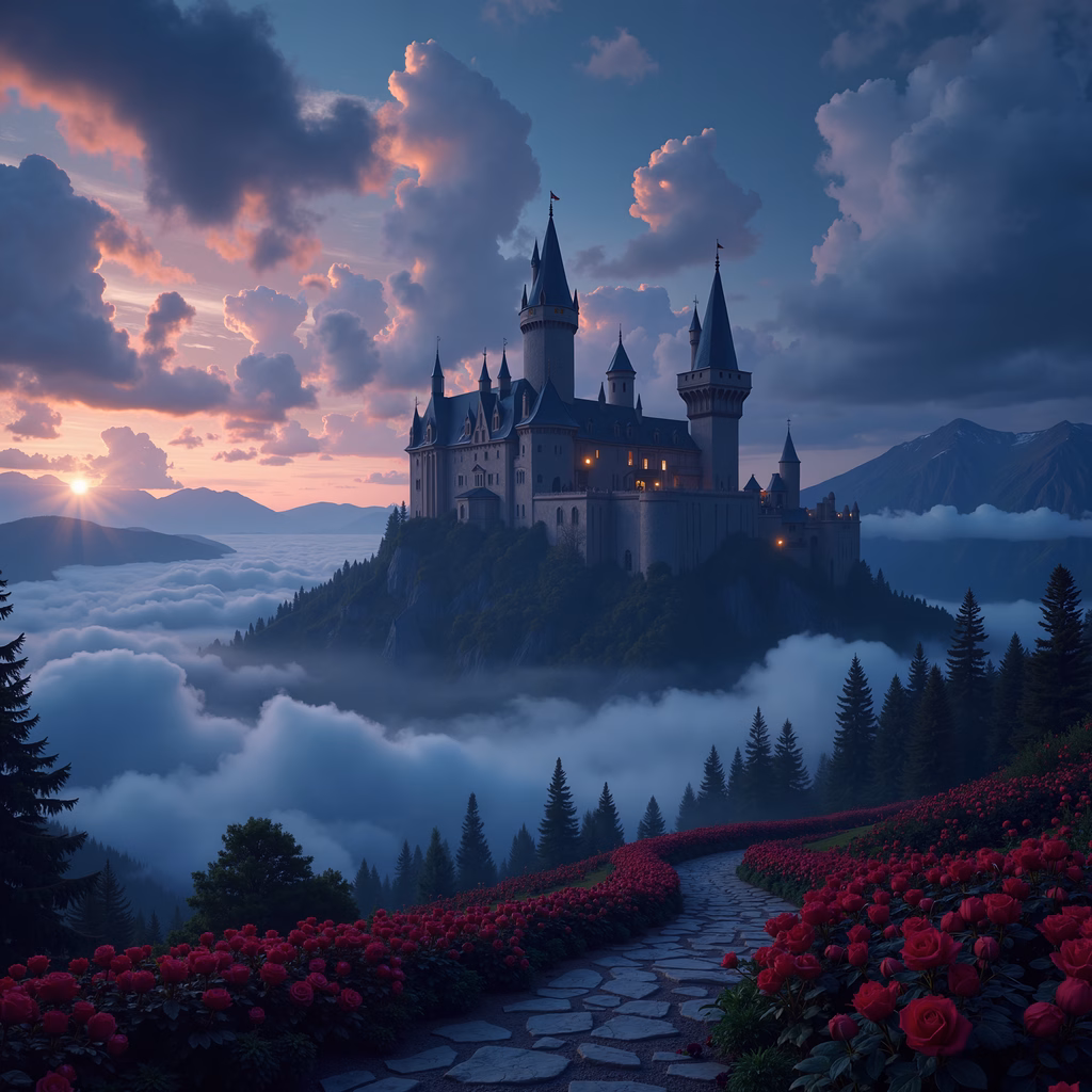 A mystical castle at dawn, blending fantasy with natural beauty.
