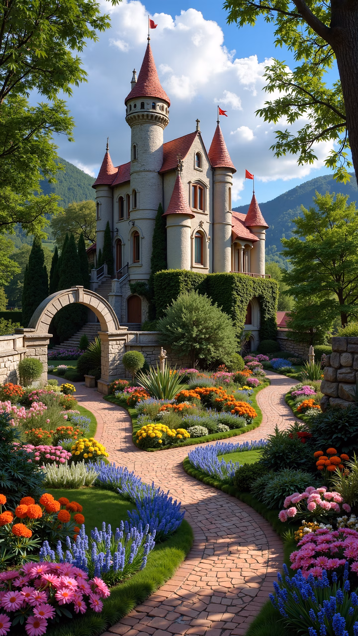 A magical castle surrounded by a colorful garden, inviting viewers into a fairy tale world.