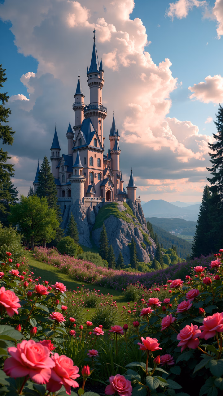 A fairy tale castle nestled among blooming roses under a cloudy sky.