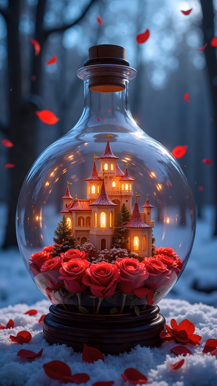 Miniature castle in a glass bottle, surrounded by roses and glowing light.