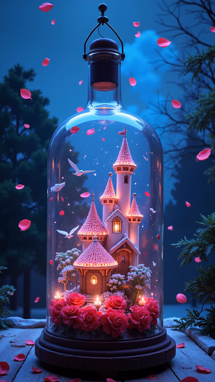 A whimsical miniature castle encased in a glass dome, surrounded by a tranquil forest at dusk.