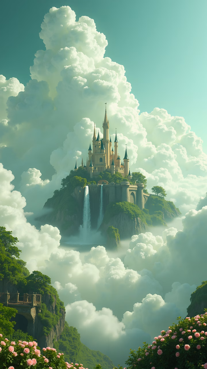 A magical castle amidst ethereal clouds and lush greenery.