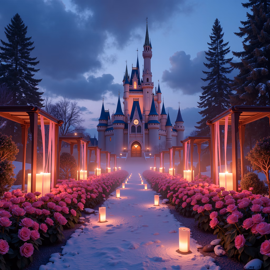 A magical castle illuminated by lanterns amidst a snowy landscape, surrounded by pink roses.