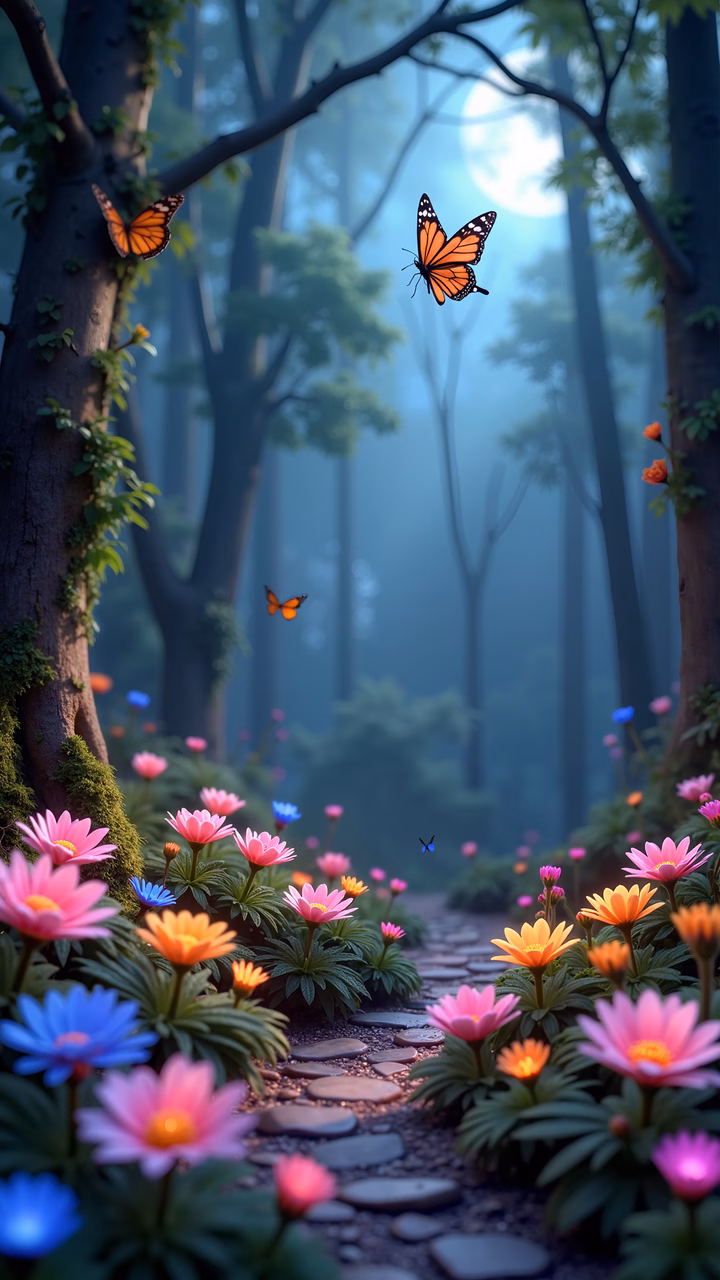 A mystical forest path adorned with colorful flowers and butterflies, bathed in soft light.