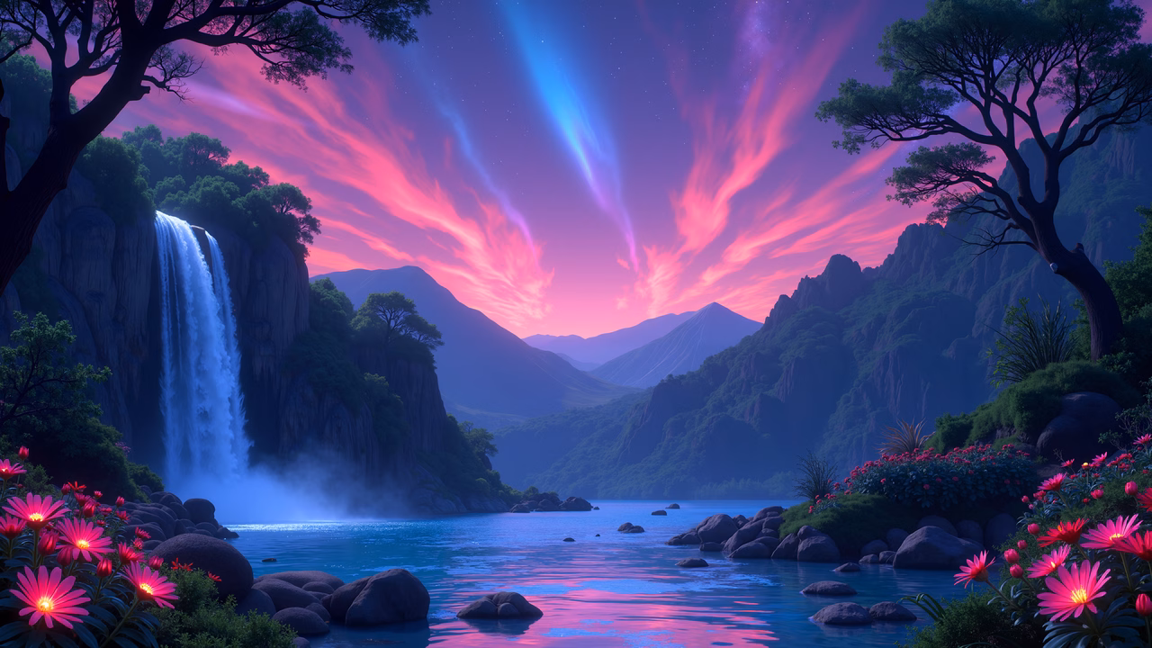 A magical night scene with a waterfall, tranquil river, and blooming flowers.