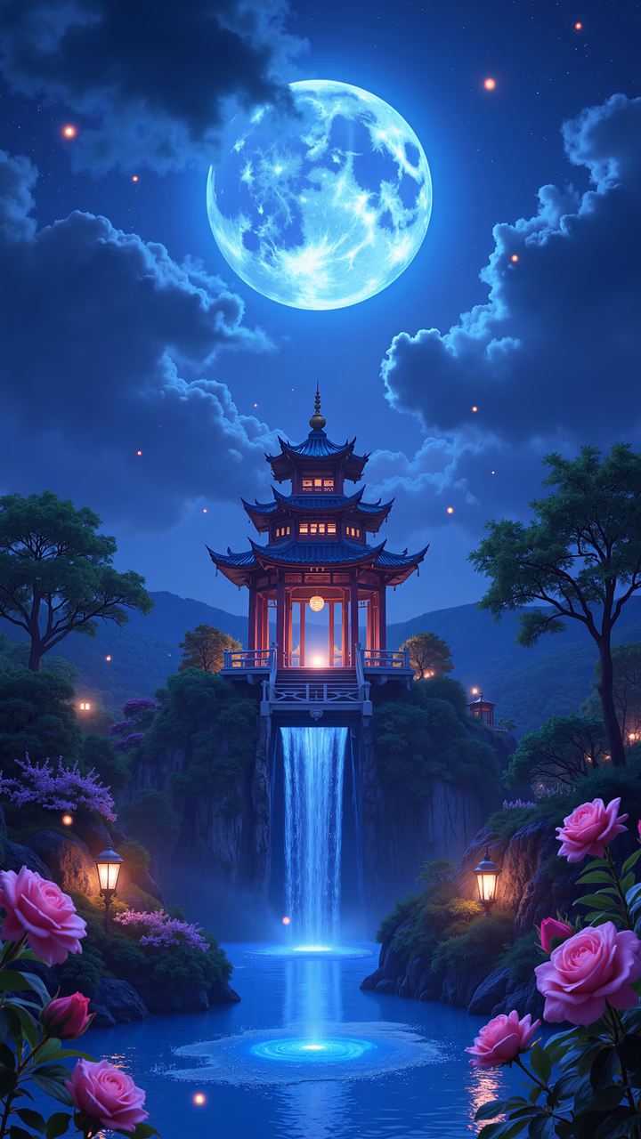 Enchanted pagoda under a full moon, serene night scene with roses and waterfall.