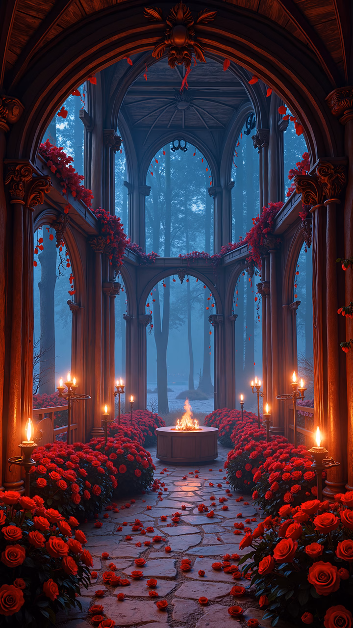 A gothic archway adorned with roses and candles, leading to a mystical forest.