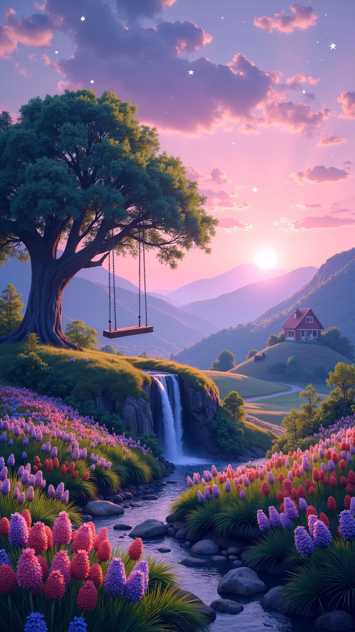 A magical sunset landscape with a tree, swing, waterfall, and flowers.