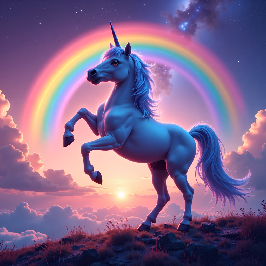 Magical unicorn rearing against a colorful sunset with a rainbow arching overhead.