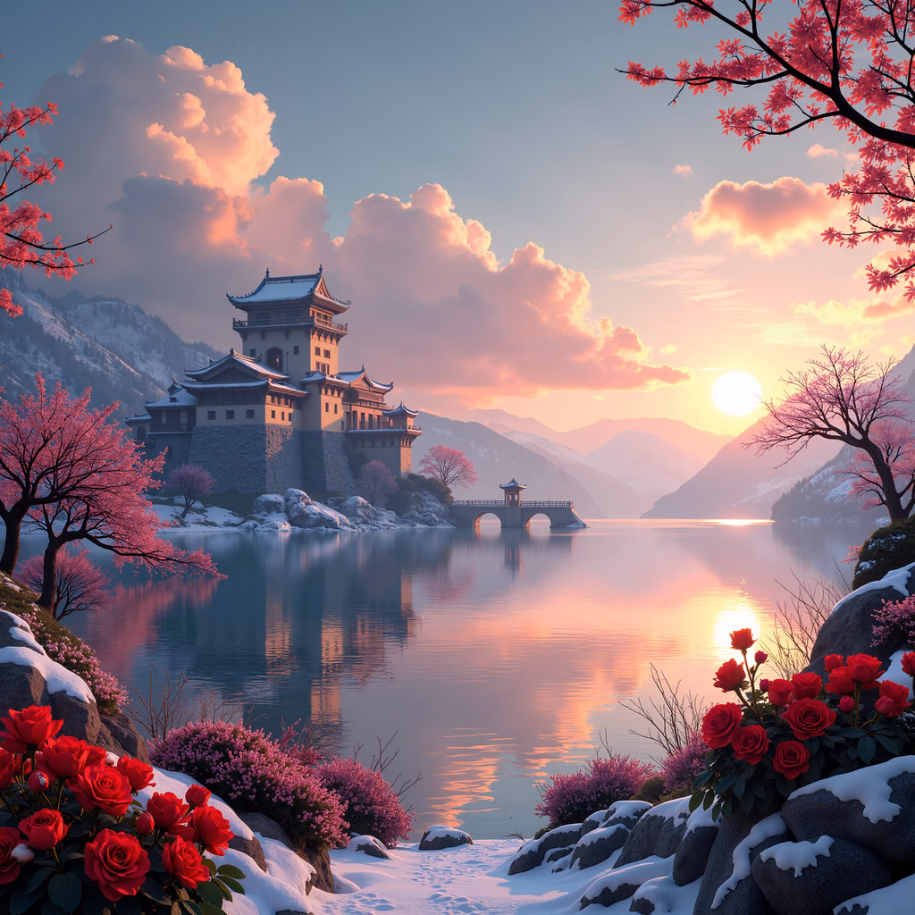 A picturesque sunset over a snowy mountain castle surrounded by cherry blossoms and blooming flowers.