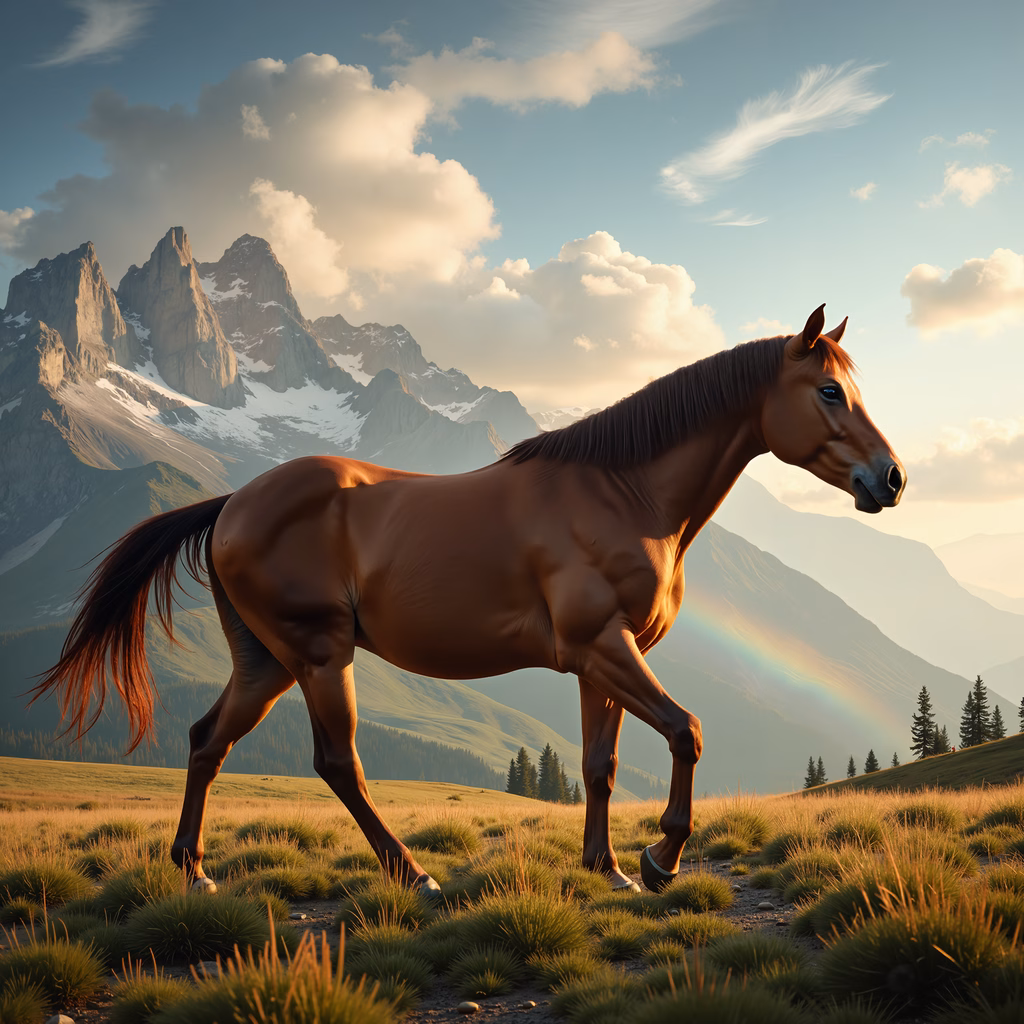 A horse galloping through a meadow with mountains and a rainbow in the background.