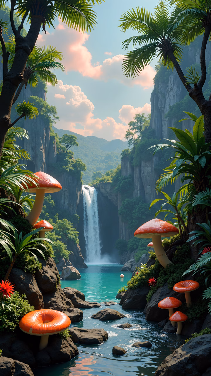 Magical fantasy waterfall in a lush tropical setting