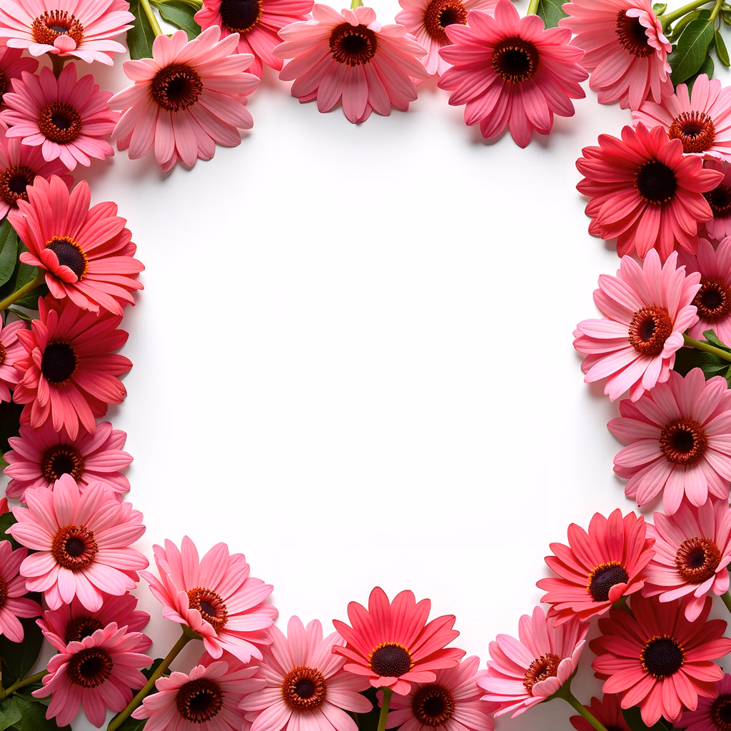 Vibrant pink daisy floral frame on a white background.
