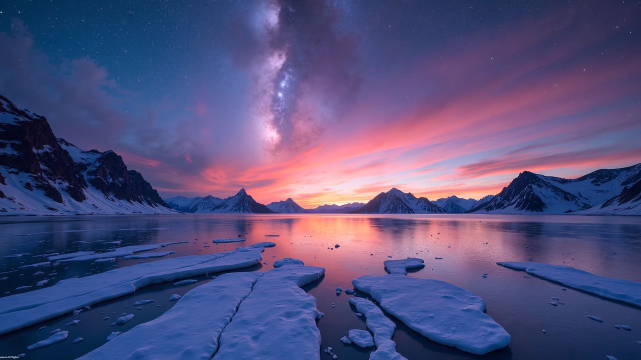 A stunning sunset over a frozen lake with snow-covered mountains.