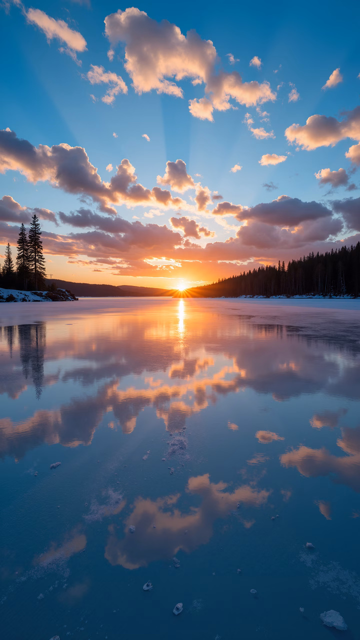 A breathtaking sunset over a frozen lake, capturing the beauty of nature in winter.