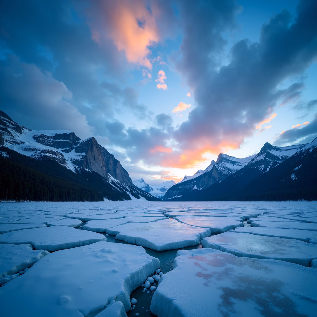 Frozen Lake Louise at sunset, serene winter landscape