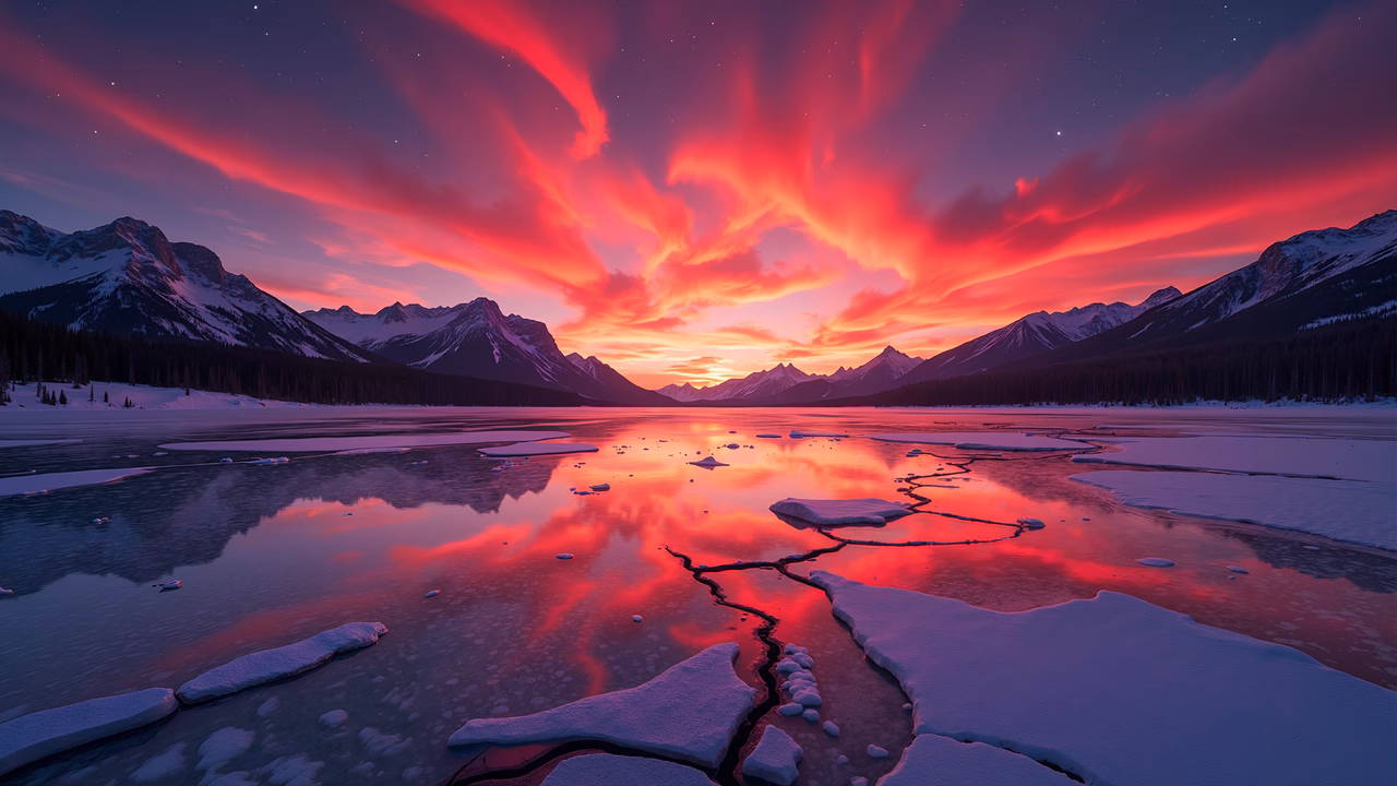 Vibrant sunset over a frozen lake, reflecting the sky’s colors in the still water.