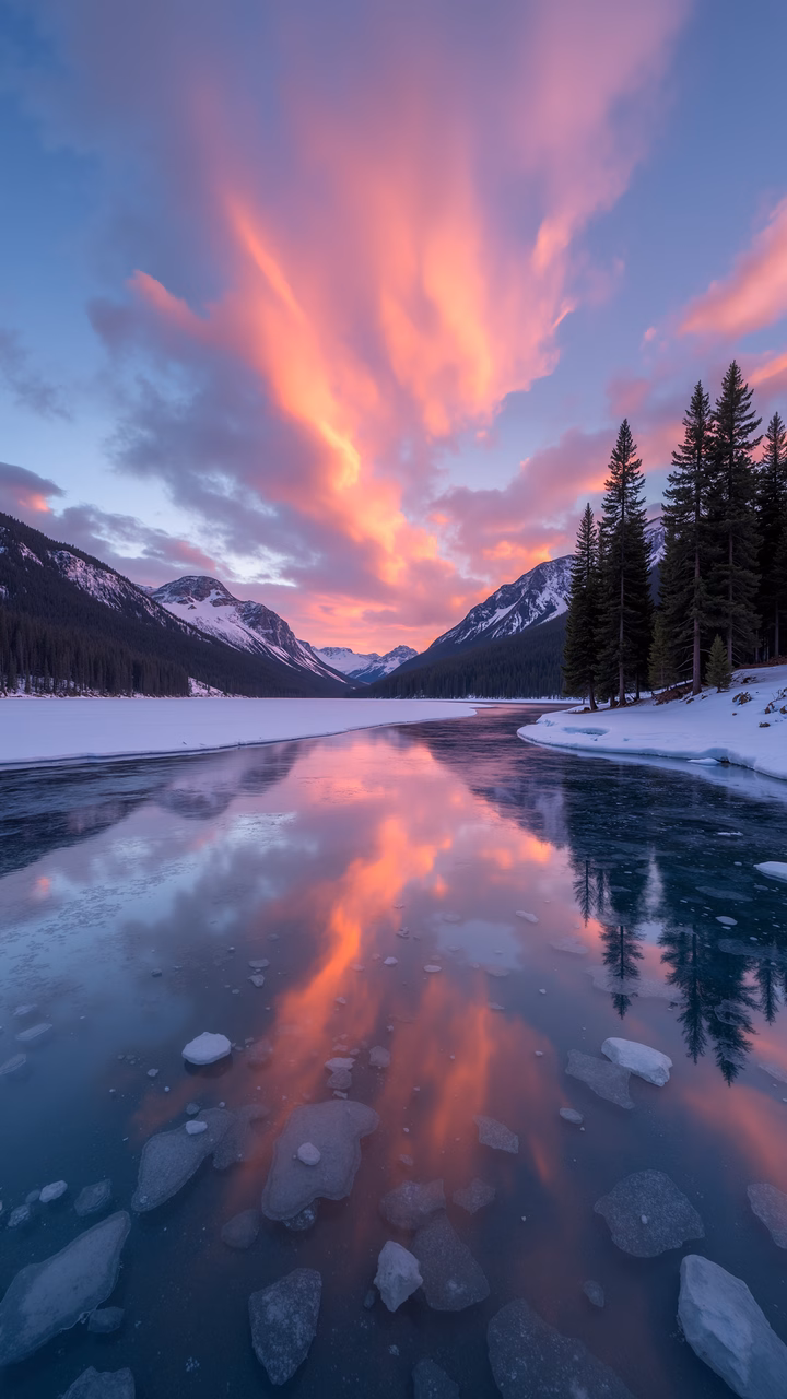 Vibrant sunset reflected in a frozen lake, surrounded by snowy mountains and pine trees.