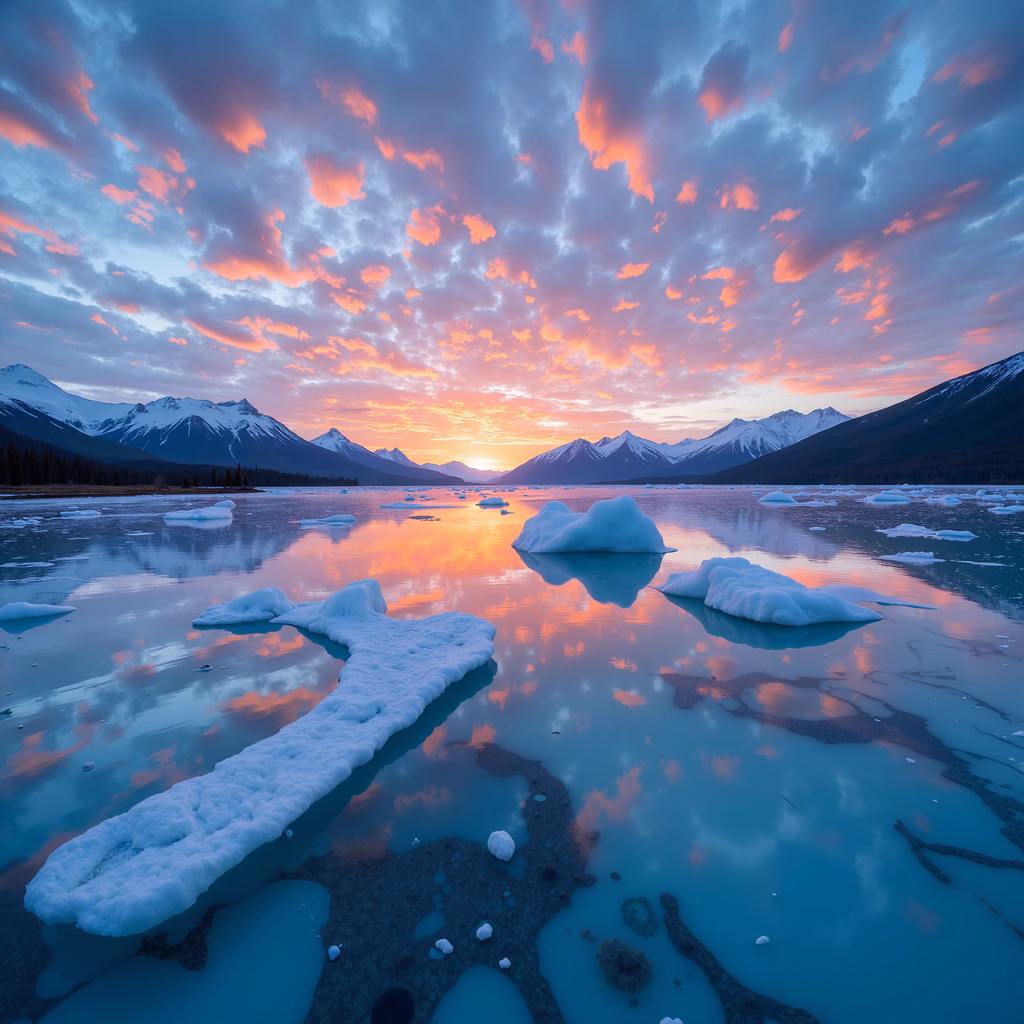 A stunning sunset over a frozen lake with snow-capped mountains and ice formations.