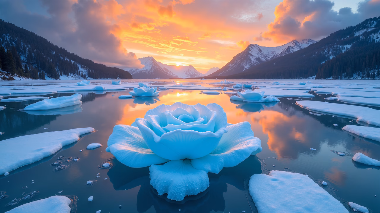 A giant frozen rose in a tranquil sunset landscape.