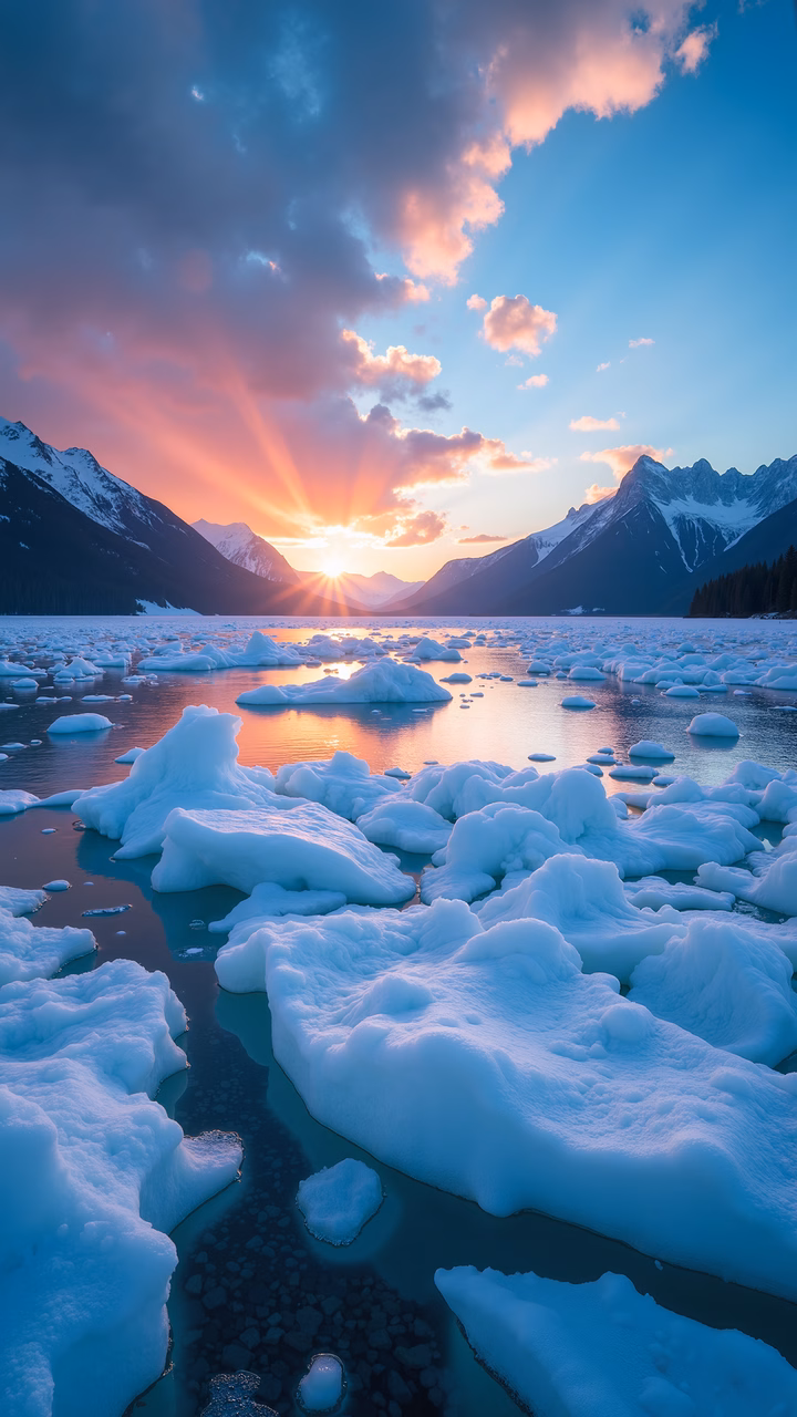 A stunning sunset over a frozen lake, surrounded by snow-capped mountains.
