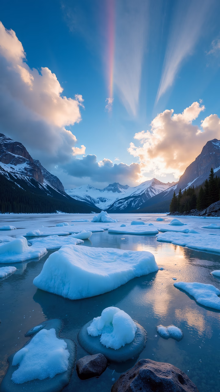 A serene frozen lake surrounded by majestic mountains under a radiant sky.