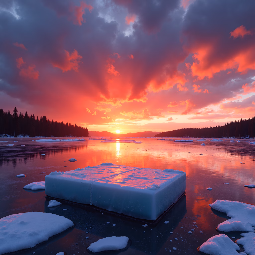 A stunning sunset over a frozen lake, capturing the beauty of nature with vibrant colors and serene reflections.