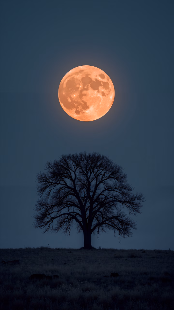 Solitary tree under full moon, serene night sky.