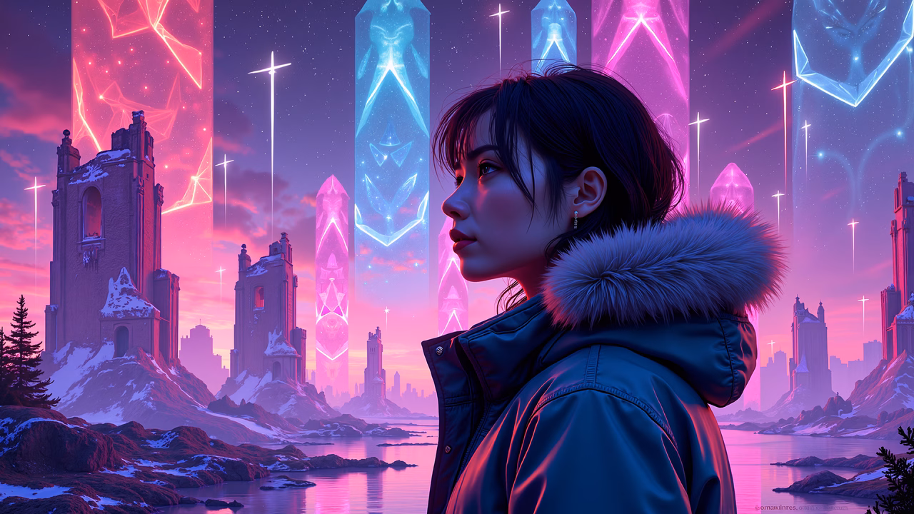 A young woman in a futuristic fantasy landscape with neon crystals and ancient ruins.